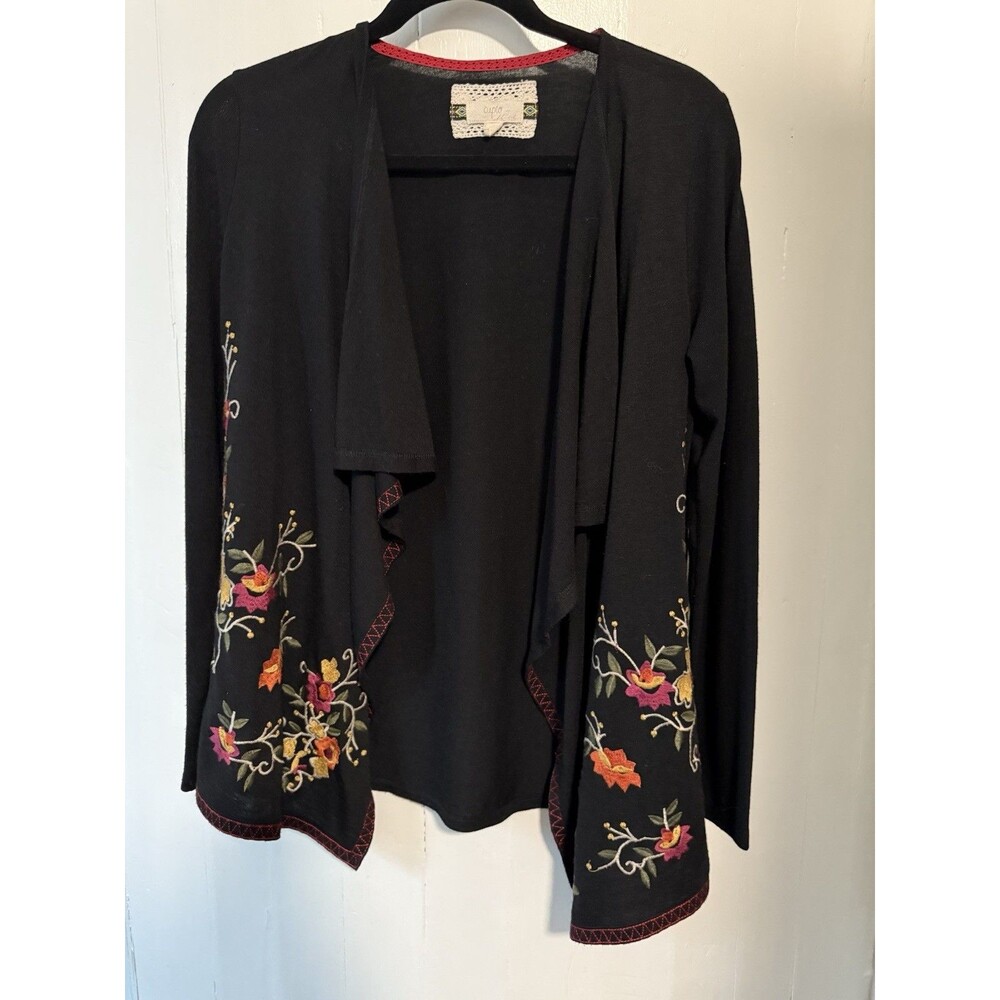 Cupio Cardigan Sweater Women’s Black Multi Embroidered Floral Stretch Open Front